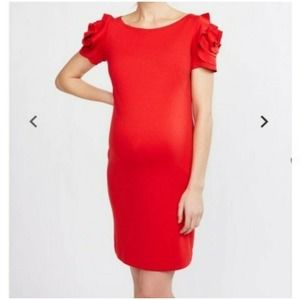 Red Maternity Short Sleeve Ruffle Shoulder Dress